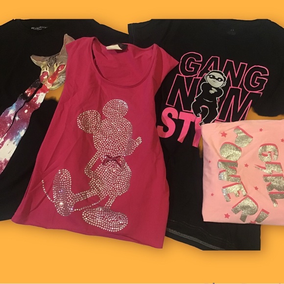 4 graphic t shirt bundle pink with laser cat, Minnie Mouse crystal, and more - Picture 2 of 16
